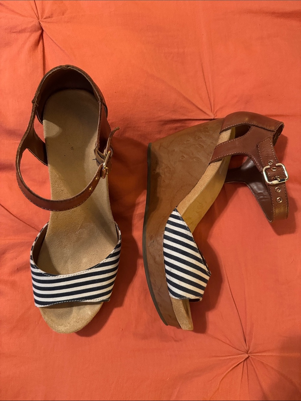 Dr. Scholl's Navy and White Striped Wedge Sandals with Brown Straps